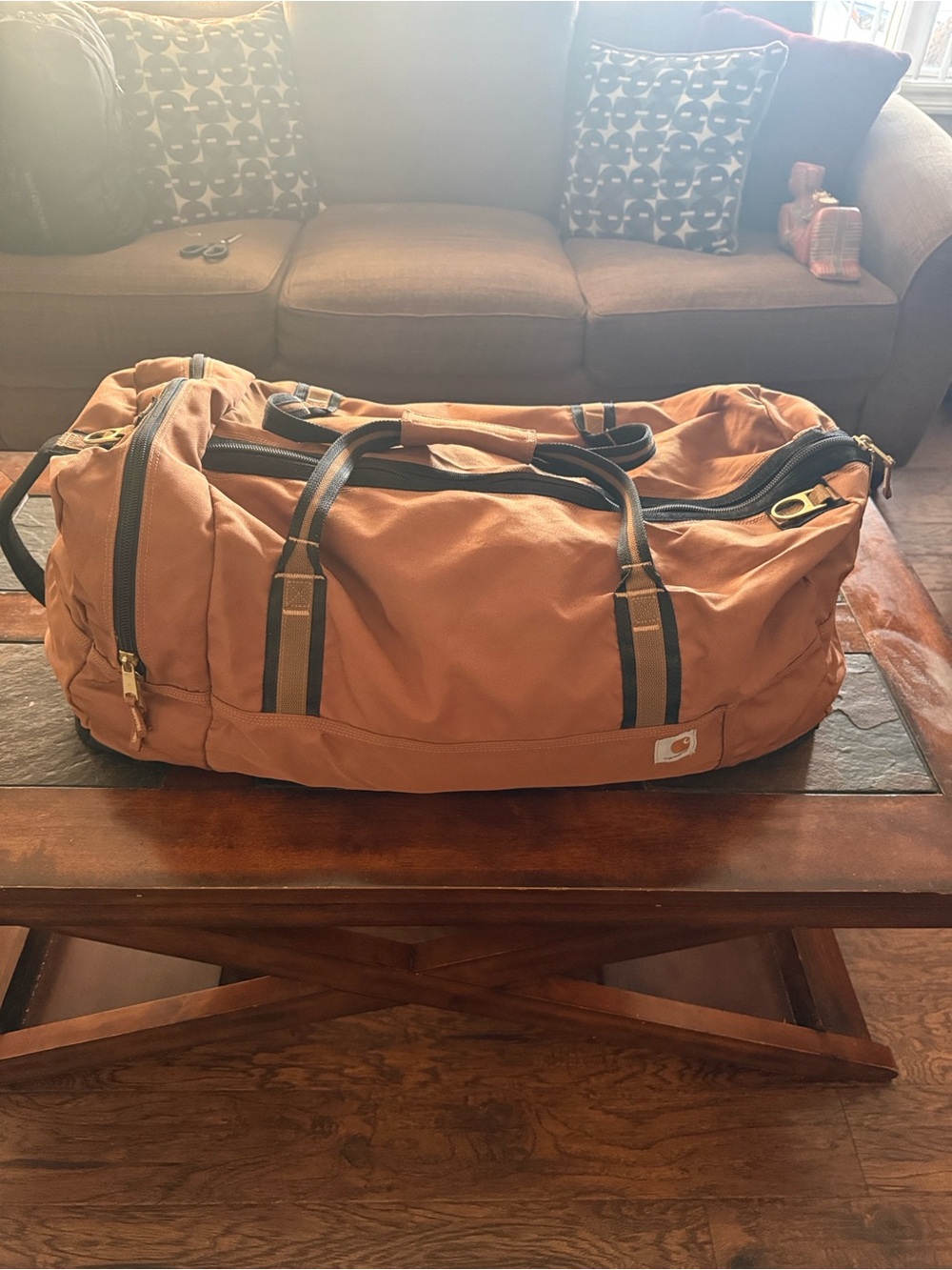 Carhartt Tan Canvas Duffel Bag with Black Straps